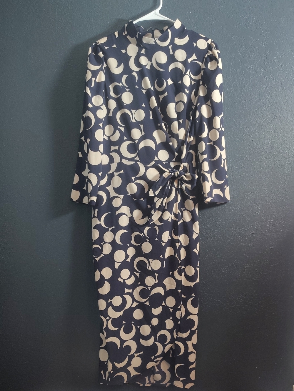 Donna Morgan Sophisticated Elegant Navy -Cream Geometric Wrap-Style Midi Dress